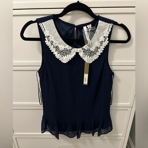 NWT LC Lauren Conrad Navy Blouse with White Lace Detail